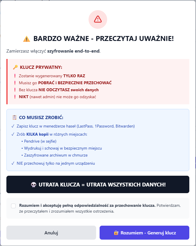Proces konfiguracji prywatnego klucza szyfrującego
