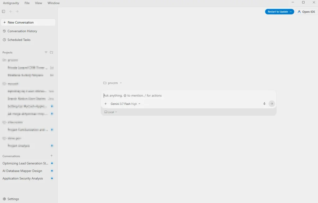 Google Antigravity pracujące na plikach w lokalnym folderze
